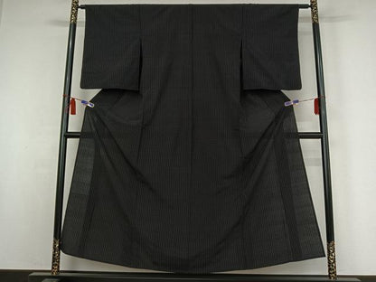 平和屋着物▽上質な紬　単衣　格子　黒地　正絹　逸品　AABI7051jh
