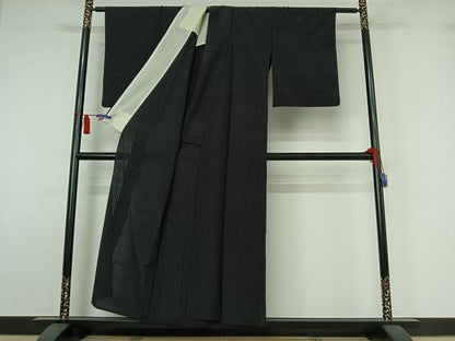 平和屋着物▽上質な紬　単衣　格子　黒地　正絹　逸品　AABI7051jh