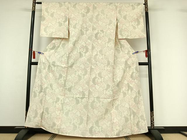 平和屋着物▽上質な紬　単衣　亀甲花文　正絹　逸品　AABI7053jh