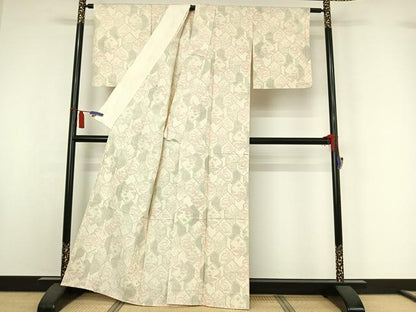 平和屋着物▽上質な紬　単衣　亀甲花文　正絹　逸品　AABI7053jh
