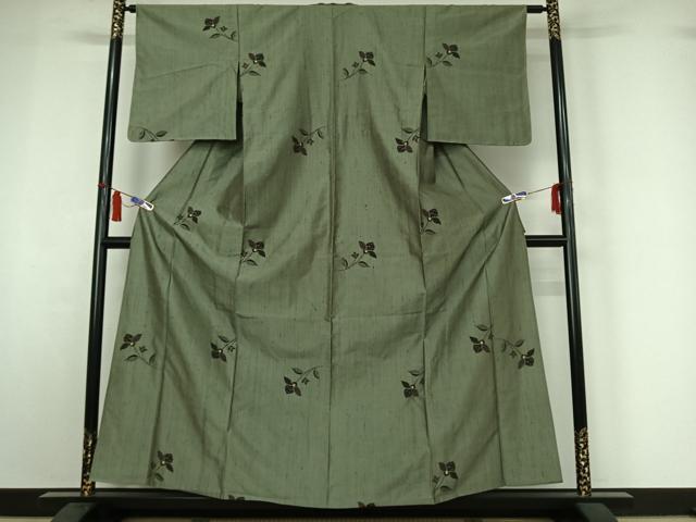 平和屋着物▽上質な紬　単衣　草花文　正絹　逸品　AABI7054jh