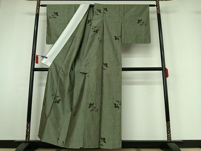 平和屋着物▽上質な紬　単衣　草花文　正絹　逸品　AABI7054jh