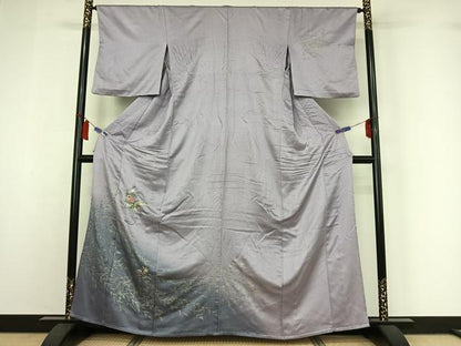 平和屋着物▽訪問着　単衣　刺繍　草花文　暈し染め　金糸　金彩　正絹　逸品　AABI7057jh