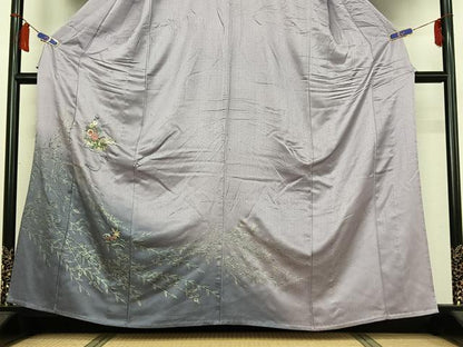 平和屋着物▽訪問着　単衣　刺繍　草花文　暈し染め　金糸　金彩　正絹　逸品　AABI7057jh