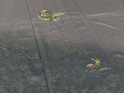 平和屋着物▽訪問着　単衣　刺繍　草花文　暈し染め　金糸　金彩　正絹　逸品　AABI7057jh