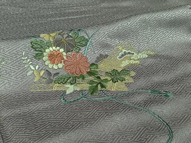 平和屋着物▽訪問着　単衣　刺繍　草花文　暈し染め　金糸　金彩　正絹　逸品　AABI7057jh