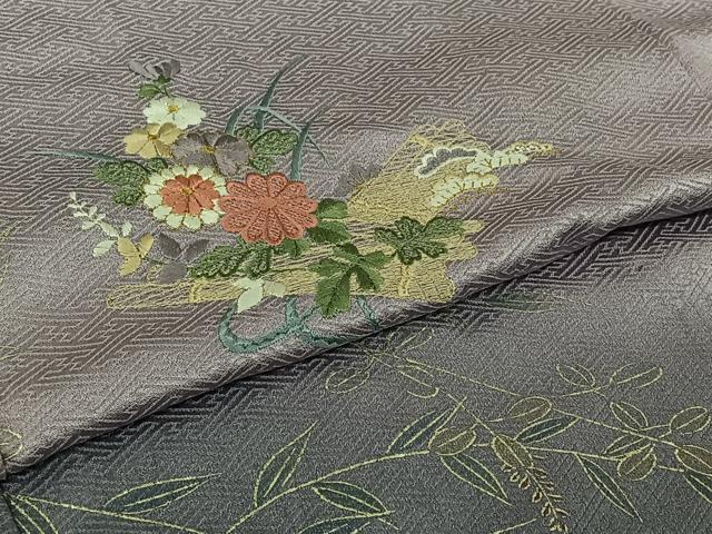 平和屋着物▽訪問着　単衣　刺繍　草花文　暈し染め　金糸　金彩　正絹　逸品　AABI7057jh