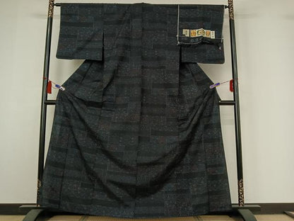 平和屋着物▽本真綿結城紬　単衣　横段花文　証紙付き　正絹　逸品　AABI7059jh