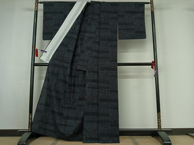 平和屋着物▽本真綿結城紬　単衣　横段花文　証紙付き　正絹　逸品　AABI7059jh