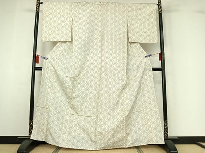 平和屋着物▽上質な紬　単衣　麻の葉文様　正絹　逸品　AABI7061jh