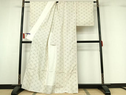 平和屋着物▽上質な紬　単衣　麻の葉文様　正絹　逸品　AABI7061jh