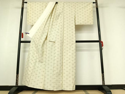 平和屋着物▽上質な紬　単衣　麻の葉文様　正絹　逸品　AABI7063jh