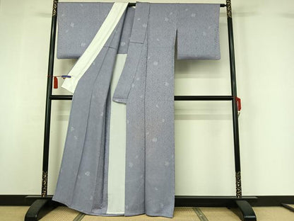 平和屋着物▽上質な小紋　単衣　草花文　正絹　逸品　AABI7066jh