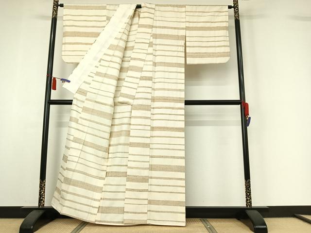 平和屋着物▽上質な紬　単衣　横段文　正絹　逸品　AABI7067jh