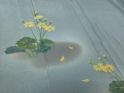 平和屋着物▽友禅作家の巨匠　浅井青仁　訪問着　単衣　手描き　草花文　暈し染め　正絹　逸品　AABI7069jh