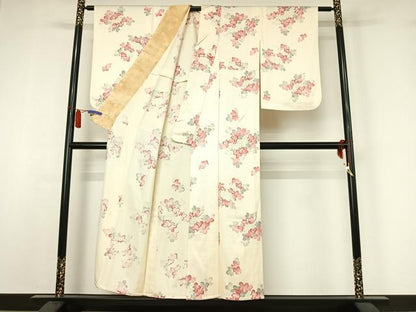 平和屋着物▽上質な小紋　単衣　手描き　草花文　正絹　逸品　AABI7071jh