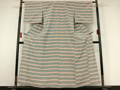 平和屋着物▽お召　単衣　横段文　正絹　逸品　AABI7073jh