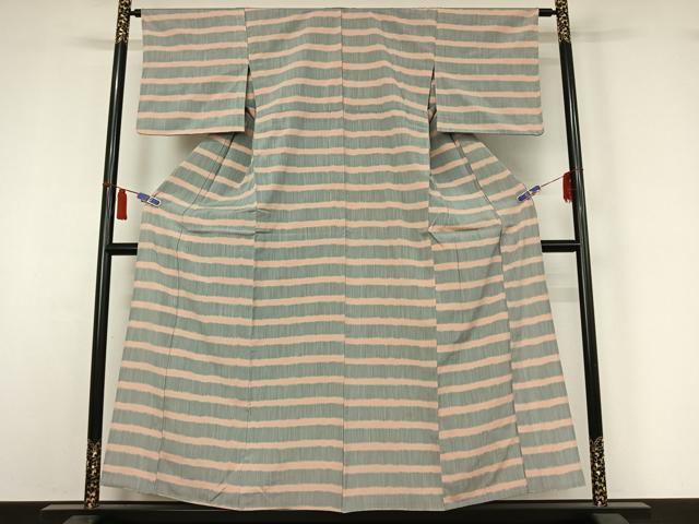 平和屋着物▽お召　単衣　横段文　正絹　逸品　AABI7073jh