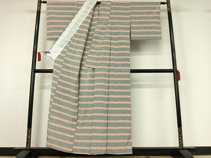 平和屋着物▽お召　単衣　横段文　正絹　逸品　AABI7073jh