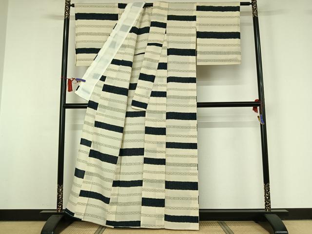 平和屋着物▽十日町 たきぶん　お召　彩華織　単衣　横段文　反端付き　正絹　逸品　AABI7075jh