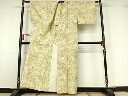 平和屋着物▽上質な紬　単衣　草花文　正絹　逸品　AABI7076jh
