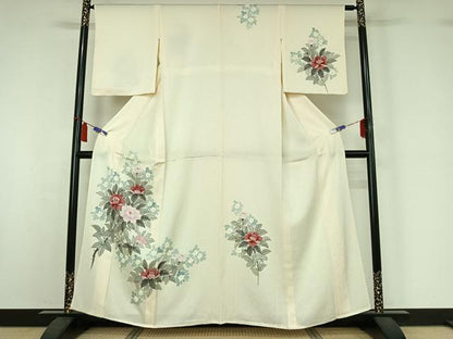 平和屋着物▽訪問着　単衣　手描き　草花文　正絹　逸品　AABI7077jh