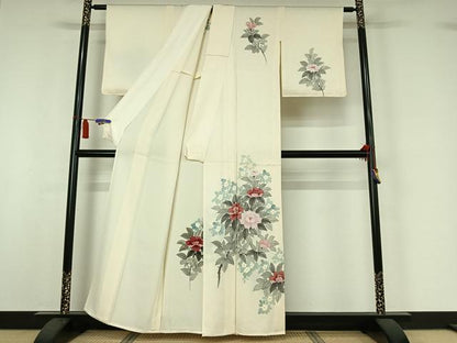 平和屋着物▽訪問着　単衣　手描き　草花文　正絹　逸品　AABI7077jh