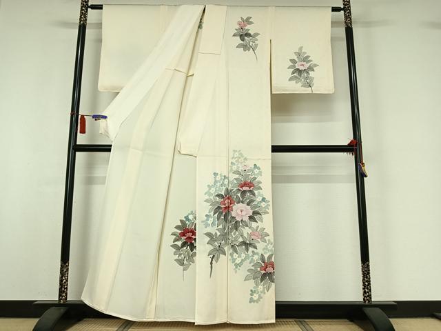平和屋着物▽訪問着　単衣　手描き　草花文　正絹　逸品　AABI7077jh