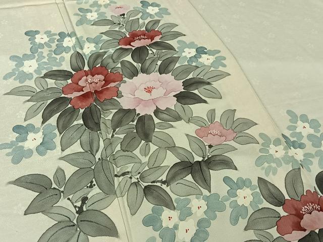 平和屋着物▽訪問着　単衣　手描き　草花文　正絹　逸品　AABI7077jh