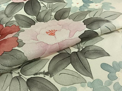 平和屋着物▽訪問着　単衣　手描き　草花文　正絹　逸品　AABI7077jh