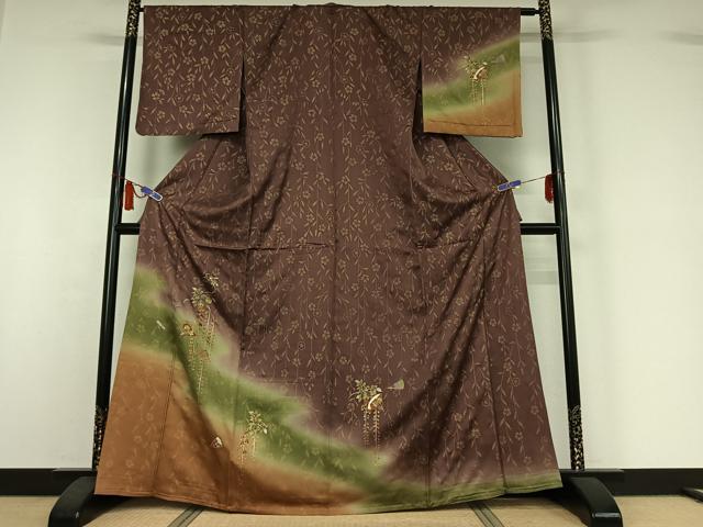 平和屋着物▽訪問着　単衣　刺繍　扇面花文　暈し染め　金銀彩　金銀糸　正絹　逸品　AABI7080jh