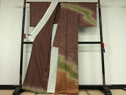 平和屋着物▽訪問着　単衣　刺繍　扇面花文　暈し染め　金銀彩　金銀糸　正絹　逸品　AABI7080jh