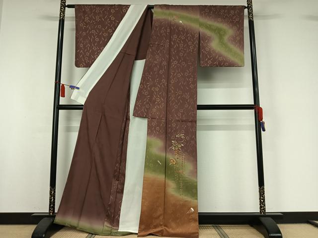 平和屋着物▽訪問着　単衣　刺繍　扇面花文　暈し染め　金銀彩　金銀糸　正絹　逸品　AABI7080jh