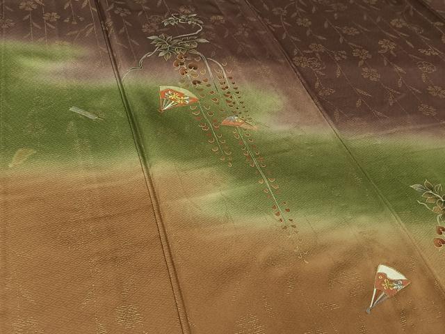 平和屋着物▽訪問着　単衣　刺繍　扇面花文　暈し染め　金銀彩　金銀糸　正絹　逸品　AABI7080jh