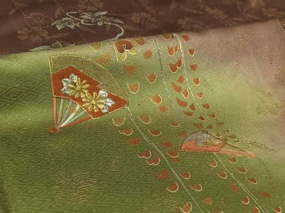 平和屋着物▽訪問着　単衣　刺繍　扇面花文　暈し染め　金銀彩　金銀糸　正絹　逸品　AABI7080jh