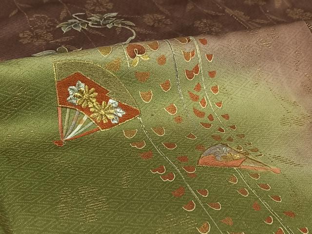 平和屋着物▽訪問着　単衣　刺繍　扇面花文　暈し染め　金銀彩　金銀糸　正絹　逸品　AABI7080jh