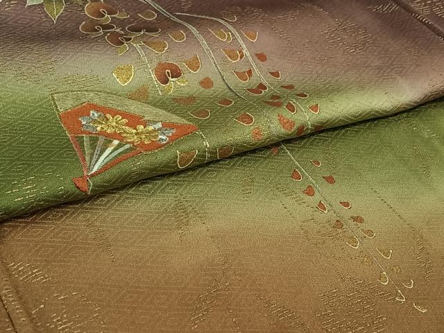 平和屋着物▽訪問着　単衣　刺繍　扇面花文　暈し染め　金銀彩　金銀糸　正絹　逸品　AABI7080jh
