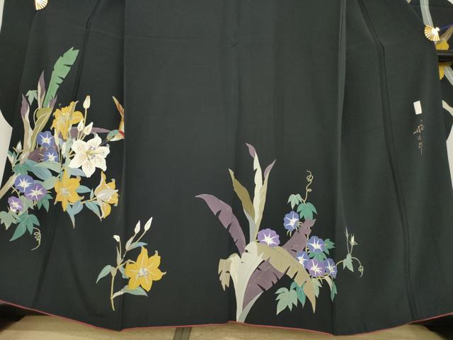 平和屋着物●二代目清次郎　手描き　振袖　草花文　黒地　正絹　逸品　AABI7096ck