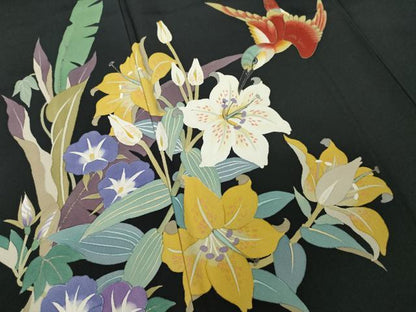 平和屋着物●二代目清次郎　手描き　振袖　草花文　黒地　正絹　逸品　AABI7096ck