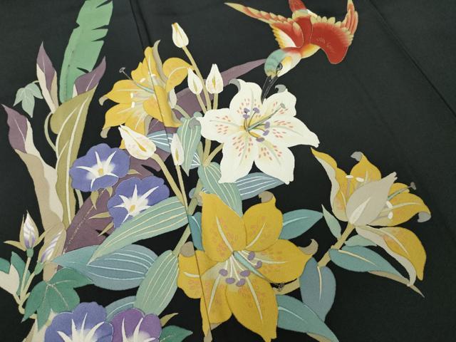平和屋着物●二代目清次郎　手描き　振袖　草花文　黒地　正絹　逸品　AABI7096ck