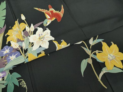 平和屋着物●二代目清次郎　手描き　振袖　草花文　黒地　正絹　逸品　AABI7096ck