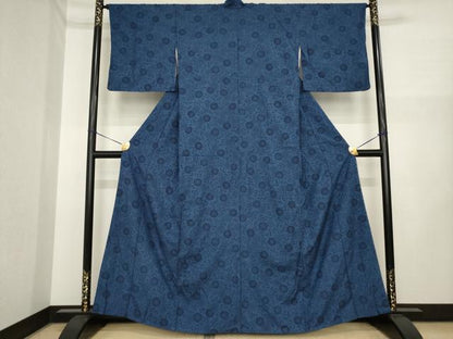 平和屋着物●上質な小紋　藍　紬地　型染め　花唐草文　正絹　逸品　AABI7098ck