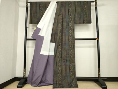 平和屋着物●本場大島紬　カタス9マルキ　花丸花蝶間道　正絹　逸品　AABI7099ck
