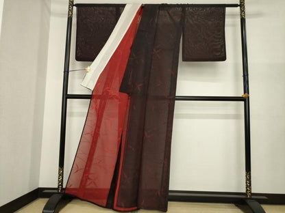 平和屋着物＊夏物　小紋　風通紗　草花文　黒地　正絹　逸品　AABI7103ck