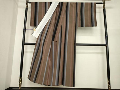 平和屋着物▽お召　単衣　縞　正絹　逸品　AABI7108ck