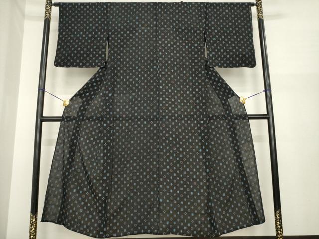 平和屋着物＊夏物　小紋　琉球絣文様　黒地　AABI7112ck