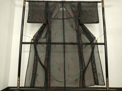 平和屋着物＊夏物　小紋　風通紗　チューリップ　黒地　銀糸　正絹　逸品　AABI7113ck