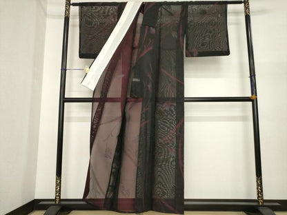 平和屋着物＊夏物　小紋　風通紗　チューリップ　黒地　銀糸　正絹　逸品　AABI7113ck