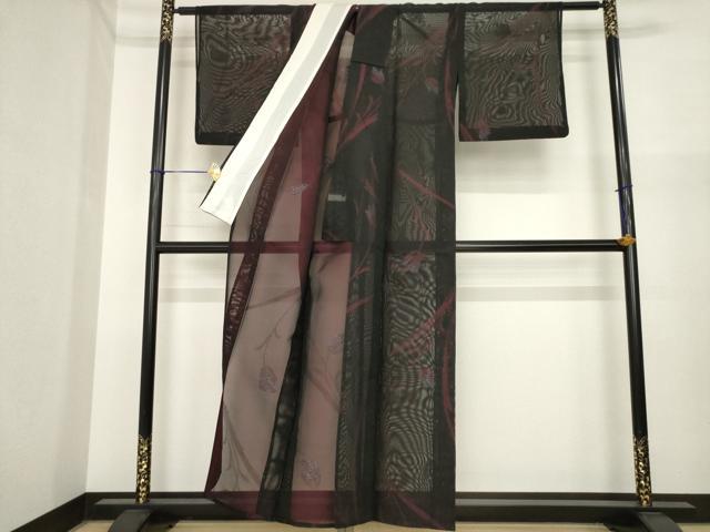 平和屋着物＊夏物　小紋　風通紗　チューリップ　黒地　銀糸　正絹　逸品　AABI7113ck