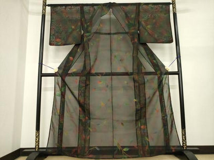 平和屋着物＊夏物　小紋　風通紗　枝葉文　黒地　正絹　逸品　AABI7149ck